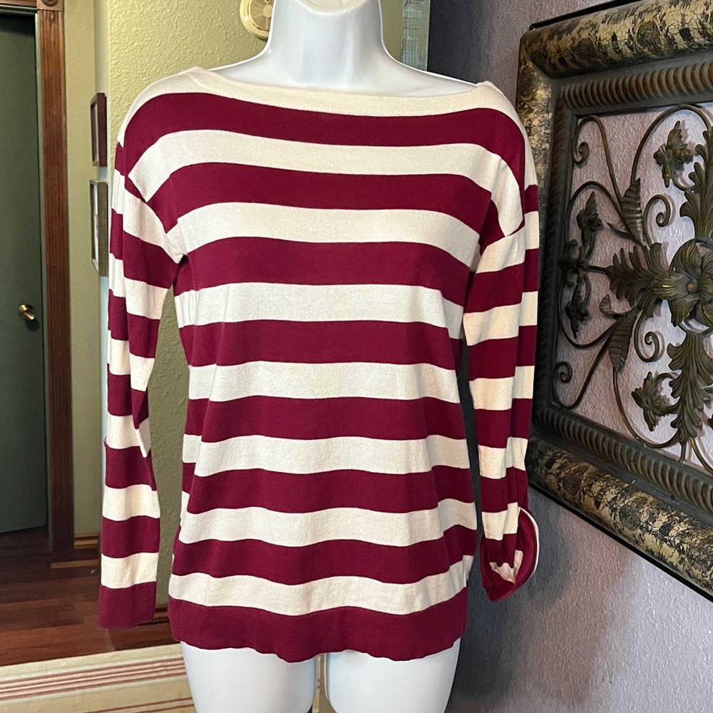 J.Crew Wool Blend Boatneck Sweater- burgundy striped- Sz XS💚